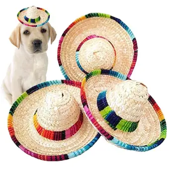 Новый дизайн Мини Мексиканская Шляпа Для Домашних Животных Натуральная Солома Мини Шляпы Для Собак Товары для Домашних Животных