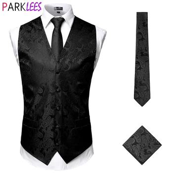 Мужской черный пейсли смокинг костюм жилет классический 3шт жилет и галстук карман квадратный формальный жилет для костюма жилет homme 3XL