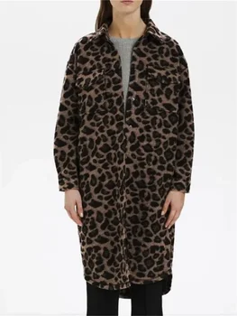 Женская куртка средней длины 2023 Новое осеннее шерстяное смешанное леопардовое принт с отложным воротником Однобортное повседневное пальто