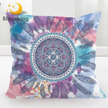 BlessLiving Mandala Feather Декоративный чехол для подушки Розовый синий фиолетовый наволочка Хиппи Квадратный чехол для подушки для дивана