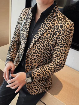 Новая модная вечеринка Мужская куртка с леопардовым принтом Slim Fit Дизайнерские повседневные блейзеры High Street Топы Верхняя одежда в британском стиле