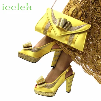 Желтая итальянская женская обувь и сумка Подходящие аппликации Высококачественные удобные каблуки с блестящим кристаллом для вечеринки по случаю дня рождения