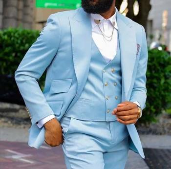 Небесно-голубые костюмы для мужчин Пик Лацкан Slim Fit Блейзер Комплекты Изготовленная на заказ модная куртка-тройка + брюки + жилет Trajes De Hombre
