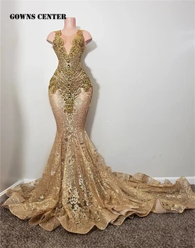 See Thru Gold Выпускные платья 2024 года для чернокожих девушек Роскошное выпускное платье из кристаллов из бисера Mermiad Party Dress O Neck Wedding