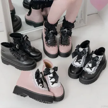 Японский лук Кружева Пэчворк Женская обувь Lolita Style Botas Mujer Sweet Cute Zapatos Mujer 2024 Осенне-зимние теплые сапоги