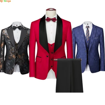 Красный мужской костюм Три куска пиджака из поднимающейся ткани Пиджак и жилет Брюки Синий Белый Серый Розовый Мужские комплекты M L XL 2XL 3XL 4XL 5XL