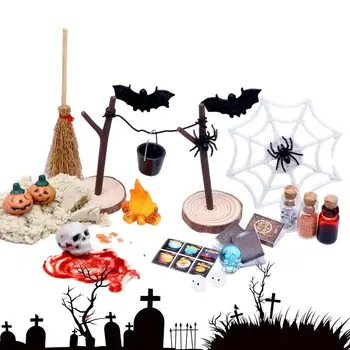 Набор кукольного домика на Хэллоуин Набор игрушек ужасов на Хэллоуин с тыквенными черепами, головами летучих мышей, 27 штук, многоразовая тема на Хэллоуин, мини