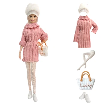 NK 5 предметов / Комплект Модный розовый свитер + Шапка + Обувь + Чулки + Сумка Современные Клотес Для Куклы Барби Девочка 1/6 Аксессуары для куклы