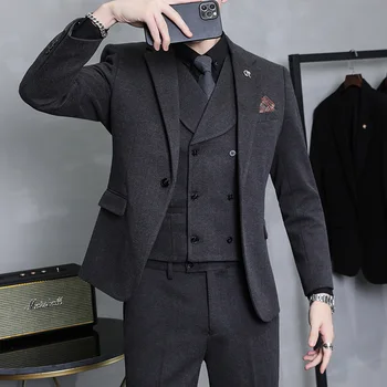 Новый мужской (блейзер + жилет + брюки) Мода Бизнес Джентльмен Корейская версия Облегающий британский стиль Свадьба в толстую полоску 3 шт