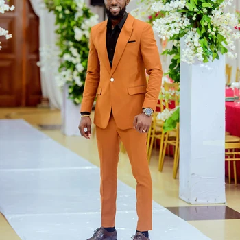 Африканские оранжевые костюмы для мужчин 2 шт. остроконечный лацкан на одной пуговице блейзер комплекты свадебный костюм костюм homme куртка + брюки