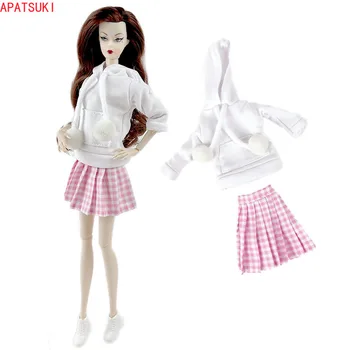 Модный набор одежды для куклы Барби Белая толстовка толстовки с капюшоном Светло-розовая юбка в клетку Наряды для 1/6 БЖД Куклы Аксессуары Игрушки