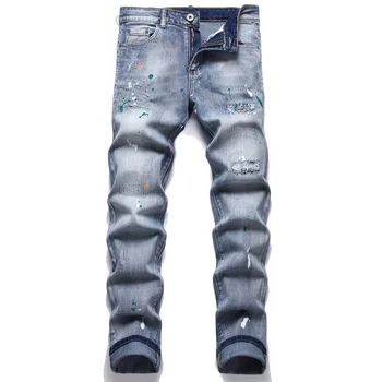  Высококачественный новый модный бренд 2022 High Street Punk Style Мужские джинсы Краска Синяя Сломанная Маленькая Нога Узкие Мужские Джинсы Средней Посадки